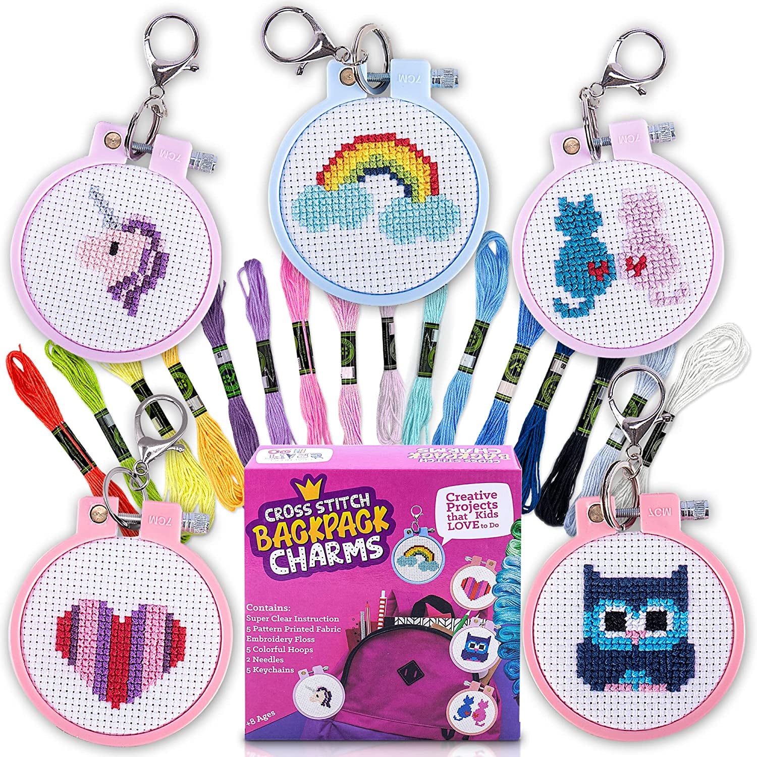 Cross Stitch Kits for Beginners. 5 Stamped Cross Stitch Kits for  Kids.Needlepoint Kits for Beginners. Embroidery Kit for Kids. Crossstitch  Kit for Beginners. Girls Cross Stitch Kit Backpack Charms